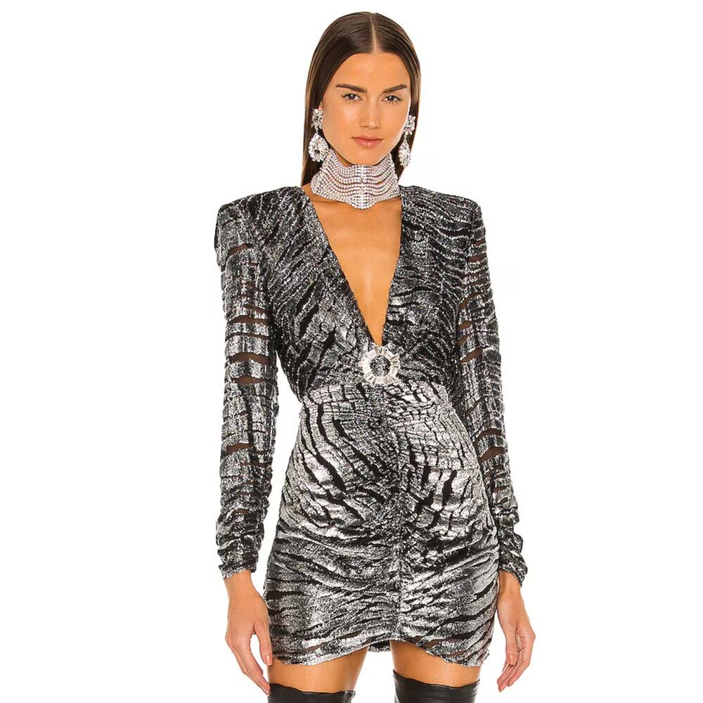 Dundas Stardust Mini Dress Black Silver Tiger V-Neck Long Sleeve Sz XS Metallic